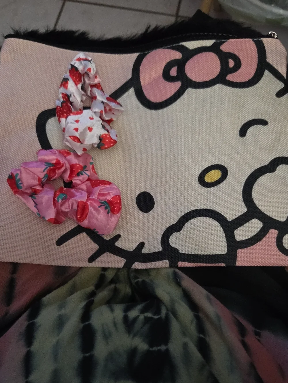 Hello Kitty Pink Canvas Pouch with 2 Pink and White Strawberry Scrunchies NWOT